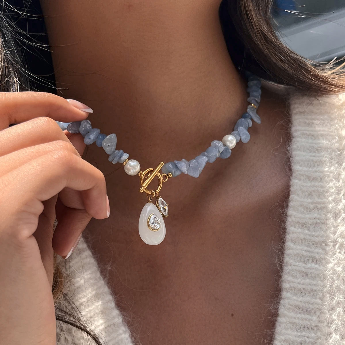Kika Geometric Resin Zircon Pendant Necklace For Women Elegant Natural Stainless Steel