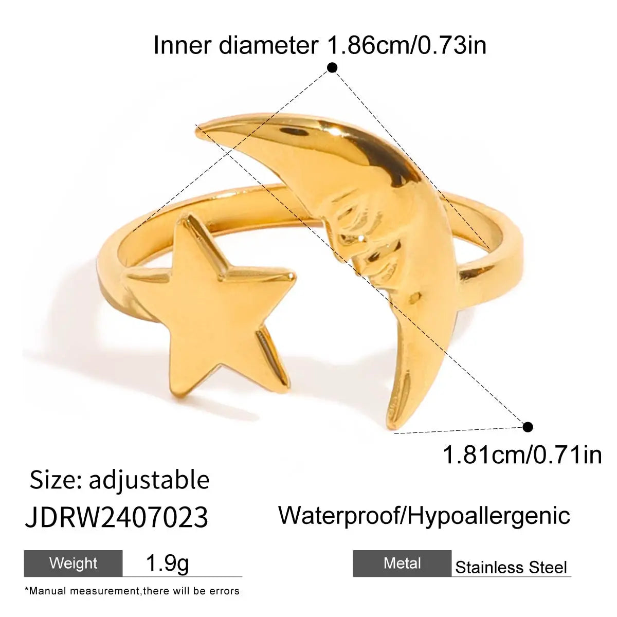 KIKA Unique Designer 18K Gold Color PVD  Plated Stainless Steel 316L Rhinestone Pentagram Rings Stackable