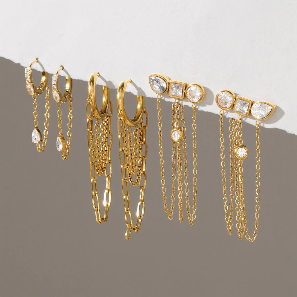 Kika Delicate Zircon Earrings Minimalist 18K Gold PVD Plated Stainless Steel Chains 316L