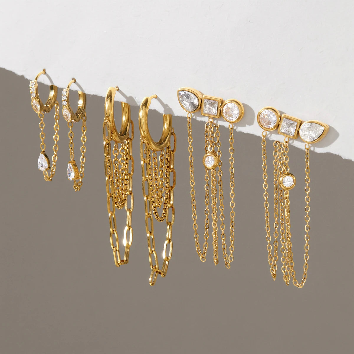 Kika Delicate Zircon Earrings Minimalist 18K Gold PVD Plated Stainless Steel Chains 316L