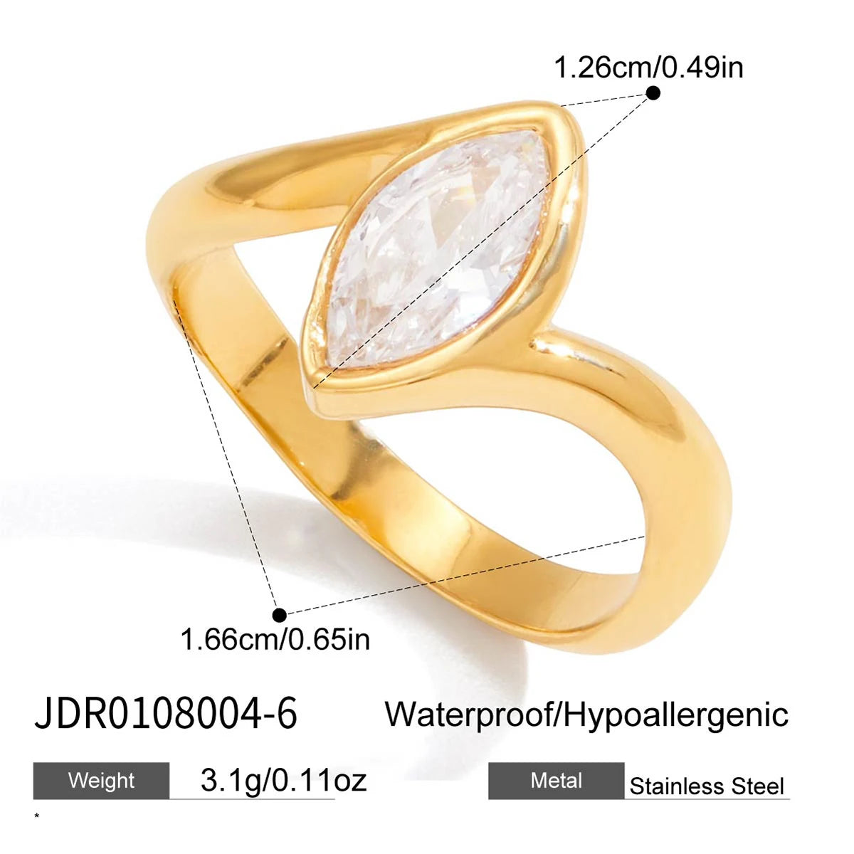 KIKA Classic style  white zircon inlaid stone ring Stainless Steel 316L Gold Color layering Rings