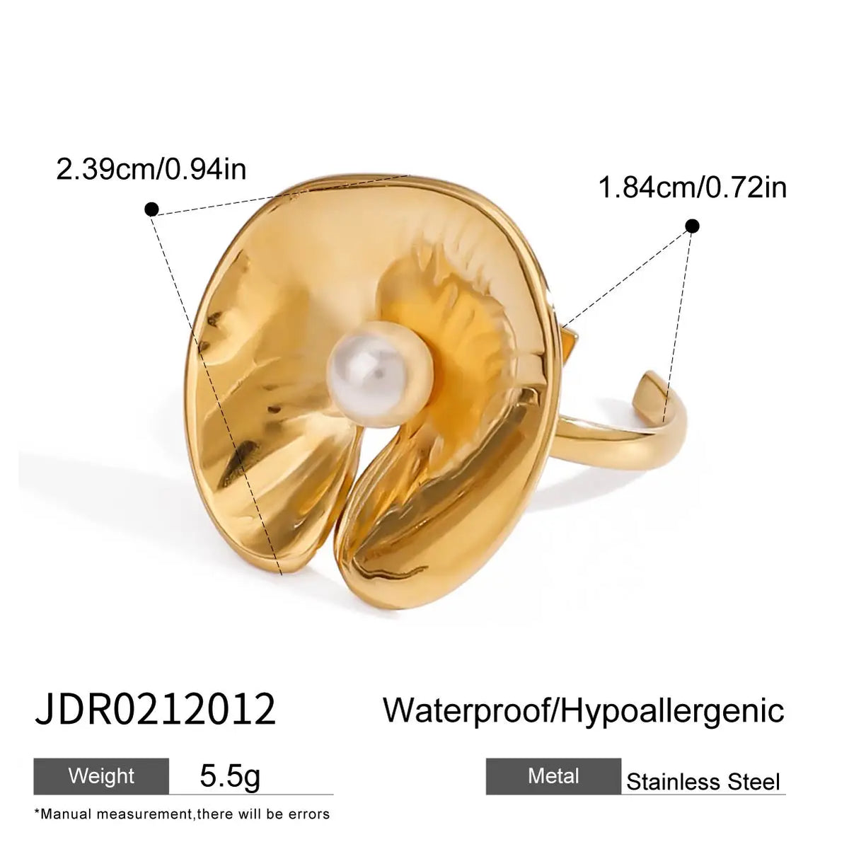 Kika Fashionable Sweet 18K Gold Color Plated Stainless Steel Pearl Five Petal Flower Ring