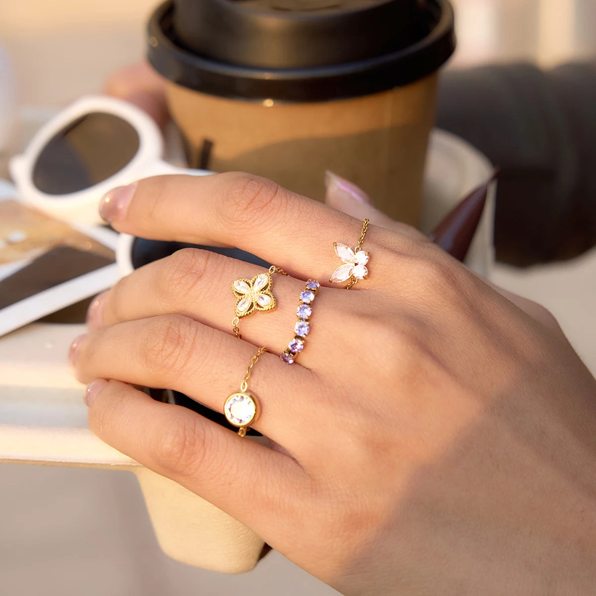 Geometric Colored Zircon Ring With Draw-Out Adjustable Design