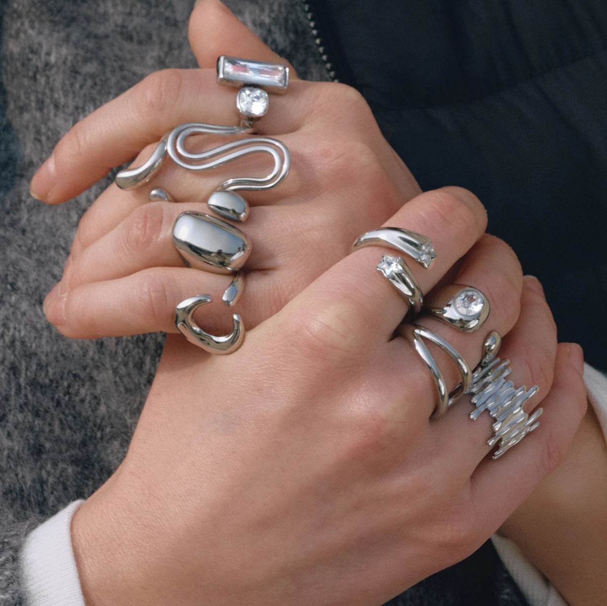 Kika Geometry Steel-Colored Open Ring With Zircon