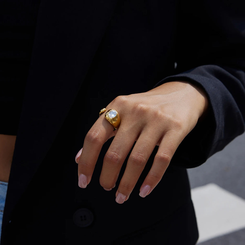 Plated Stainless Steel Rhinestone Asymmetric Oval Ring