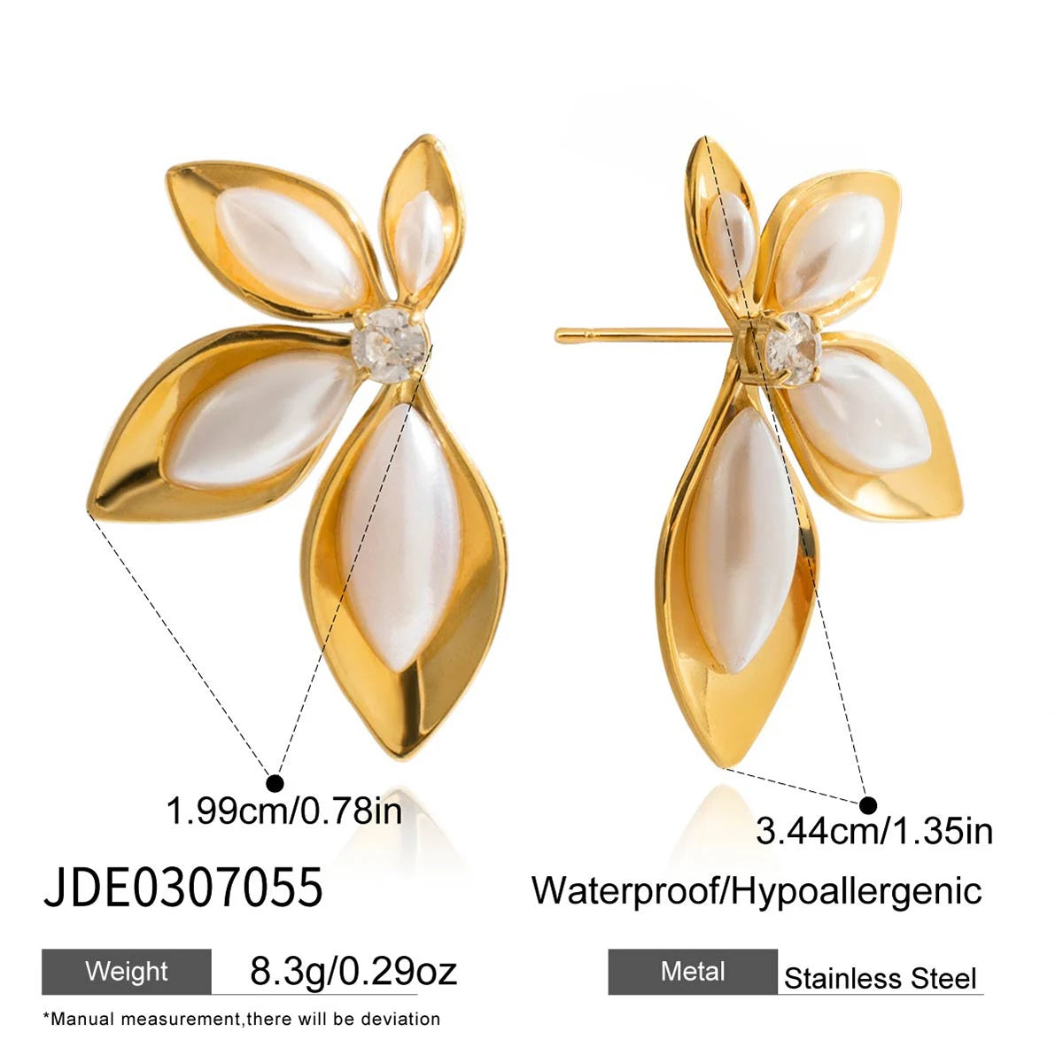 KIKA Vintage Elegant 18K Gold Color PVD Plated Stainless Steel 316L Resin Pearl Zircon Maple Leaf Earrings