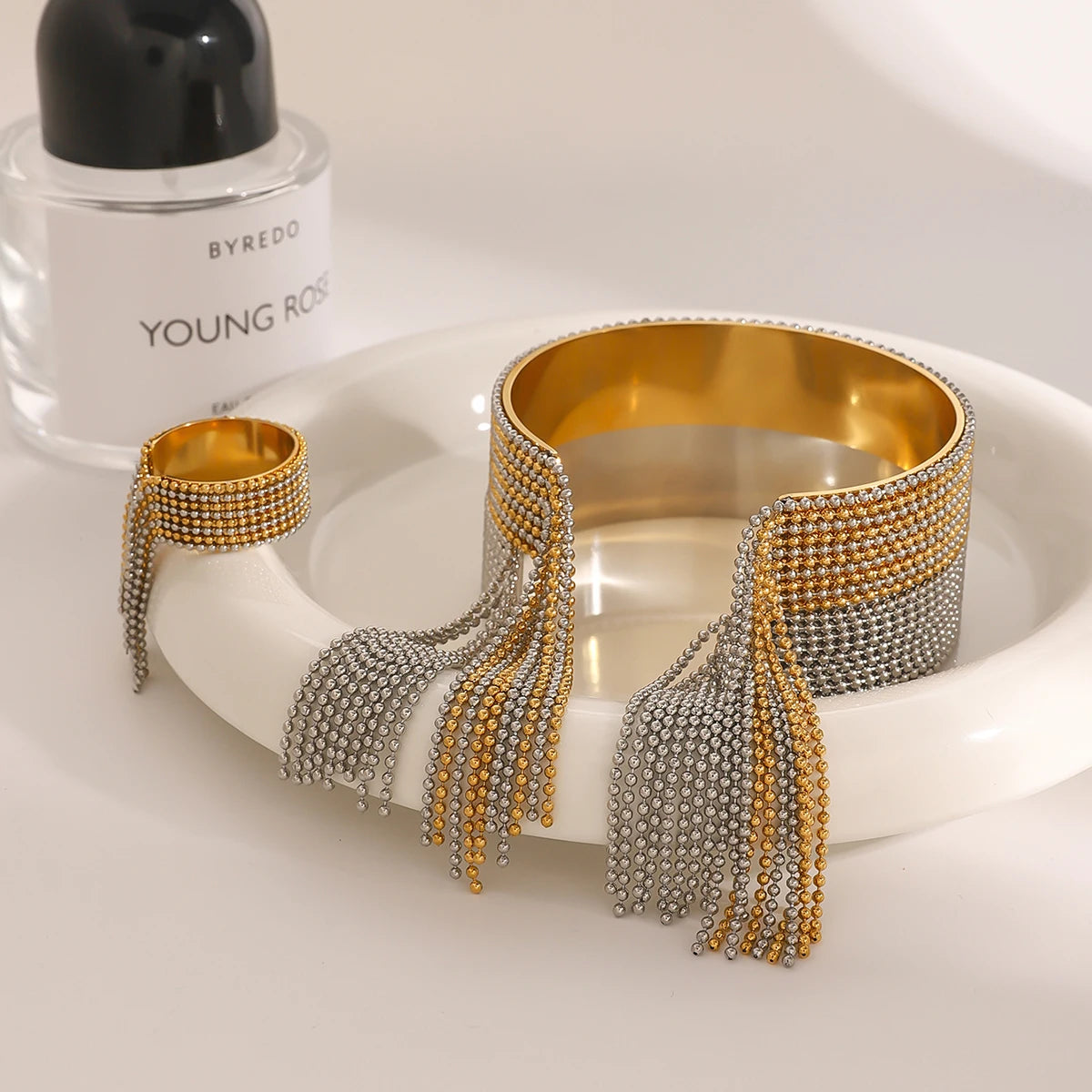 KKA Personality Tassel Cuff Bracelet Bangle Gold And Silver Color Blocked Chain Bracelet Women's