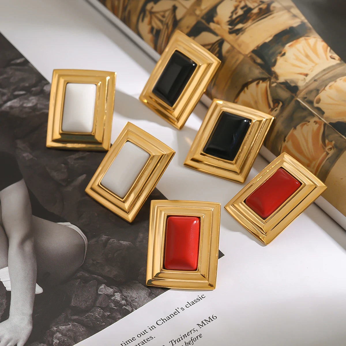 Kika Retro 18K Gold Color Plated Stainless Steel Agate Ear studs