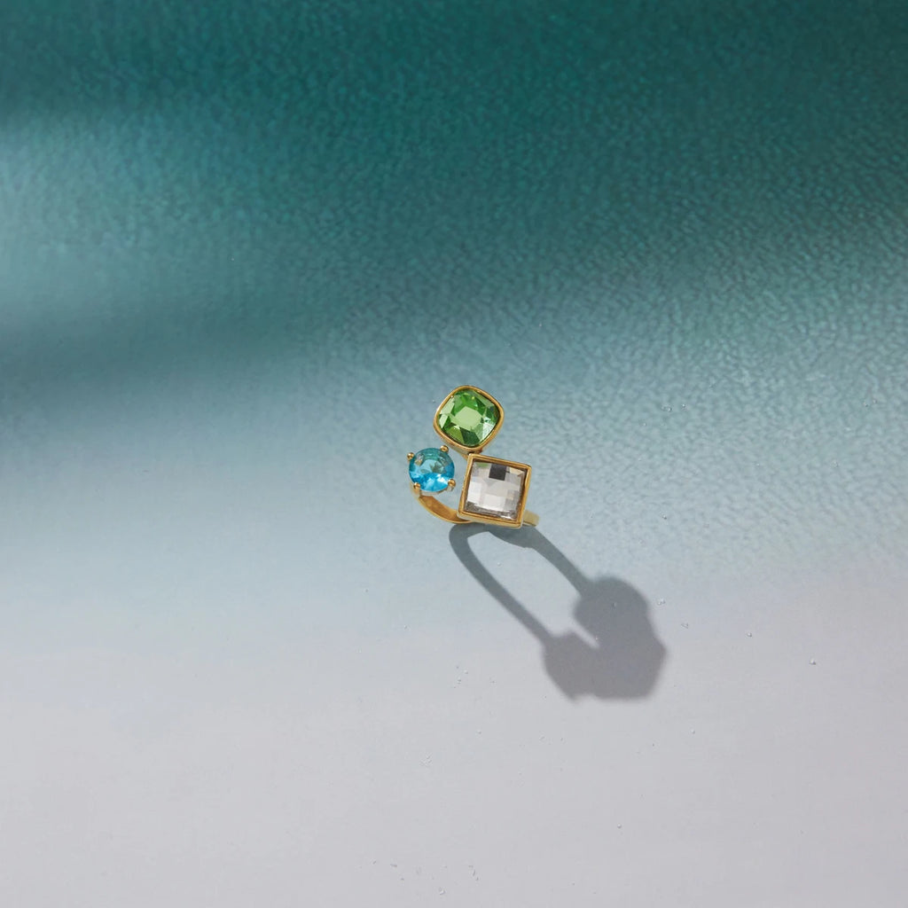 KIKA Delicate Square Yellow Blue White Spliced Zircons Open Ring PVD Plated Stainless Steel 316L