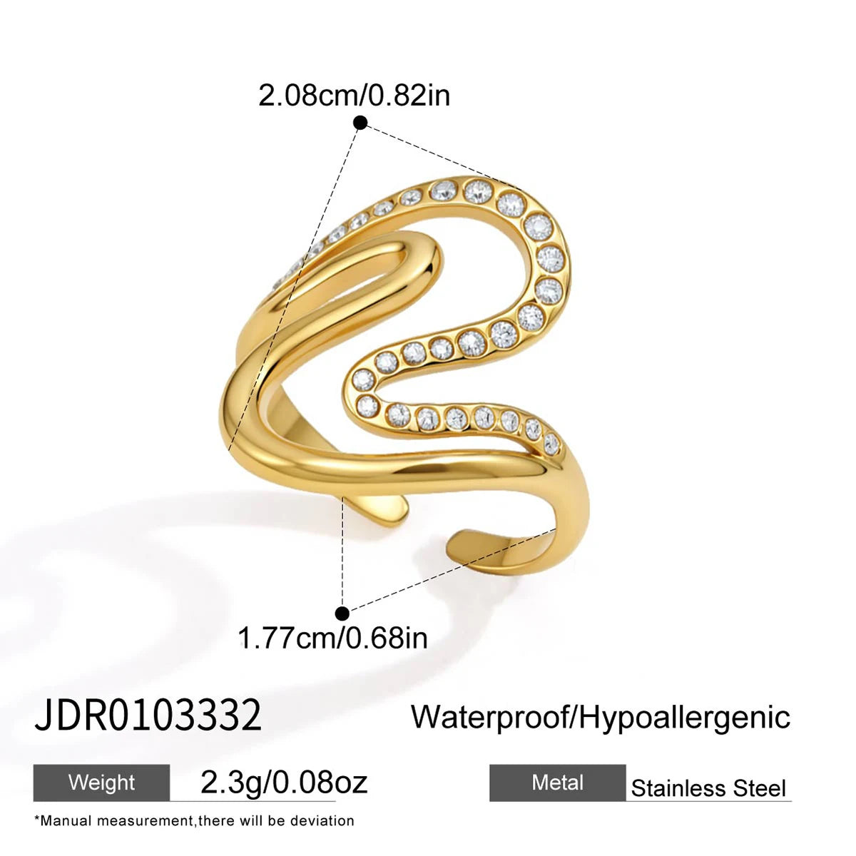 KIKA Classic Zircon Wave Shape Hollow Open Ring PVD Plated Stainless Steel 316L