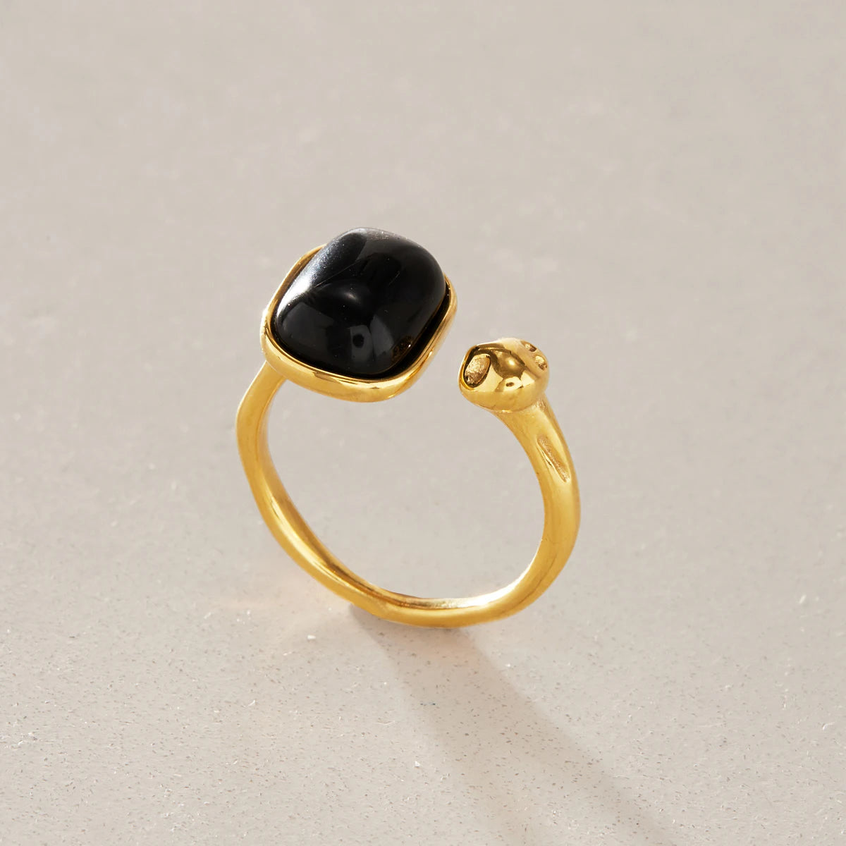 Kika Vintage Black Natural Stone Open Rings Minimalist 18K Gold Plated Stainless Steel 316L