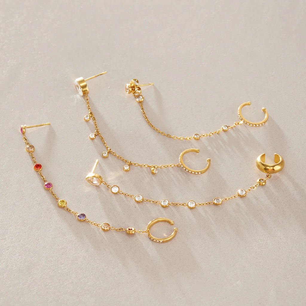 Kika 1 PC Delicate Zircon Chains Tassel Earring Gold PVD Plated Stainless Steel 316L