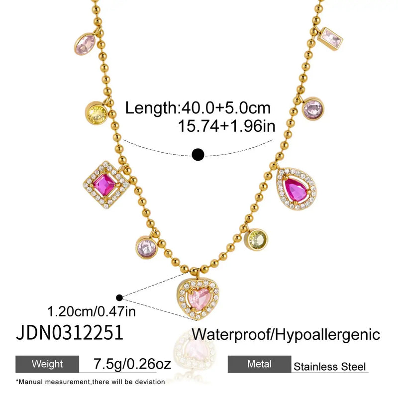 Kika Delicate 18K Colorful Square Geometric Zircon Pendant Bead Chain Necklace