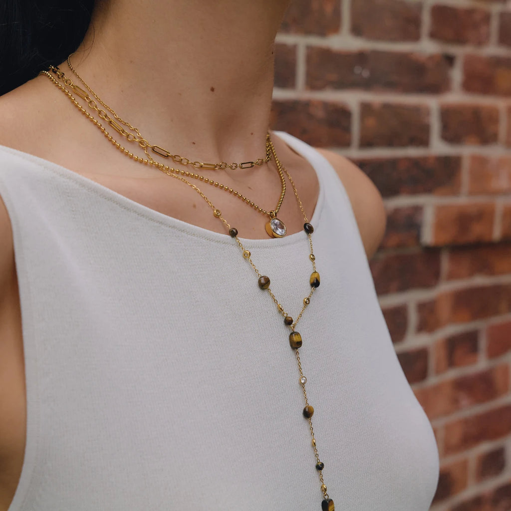 KIKA Tiger Eye Stone Pendant Y Shape Chain Necklace For Women 18K Gold Plated Stainless Steel Necklace Fashion Jewelry Gift