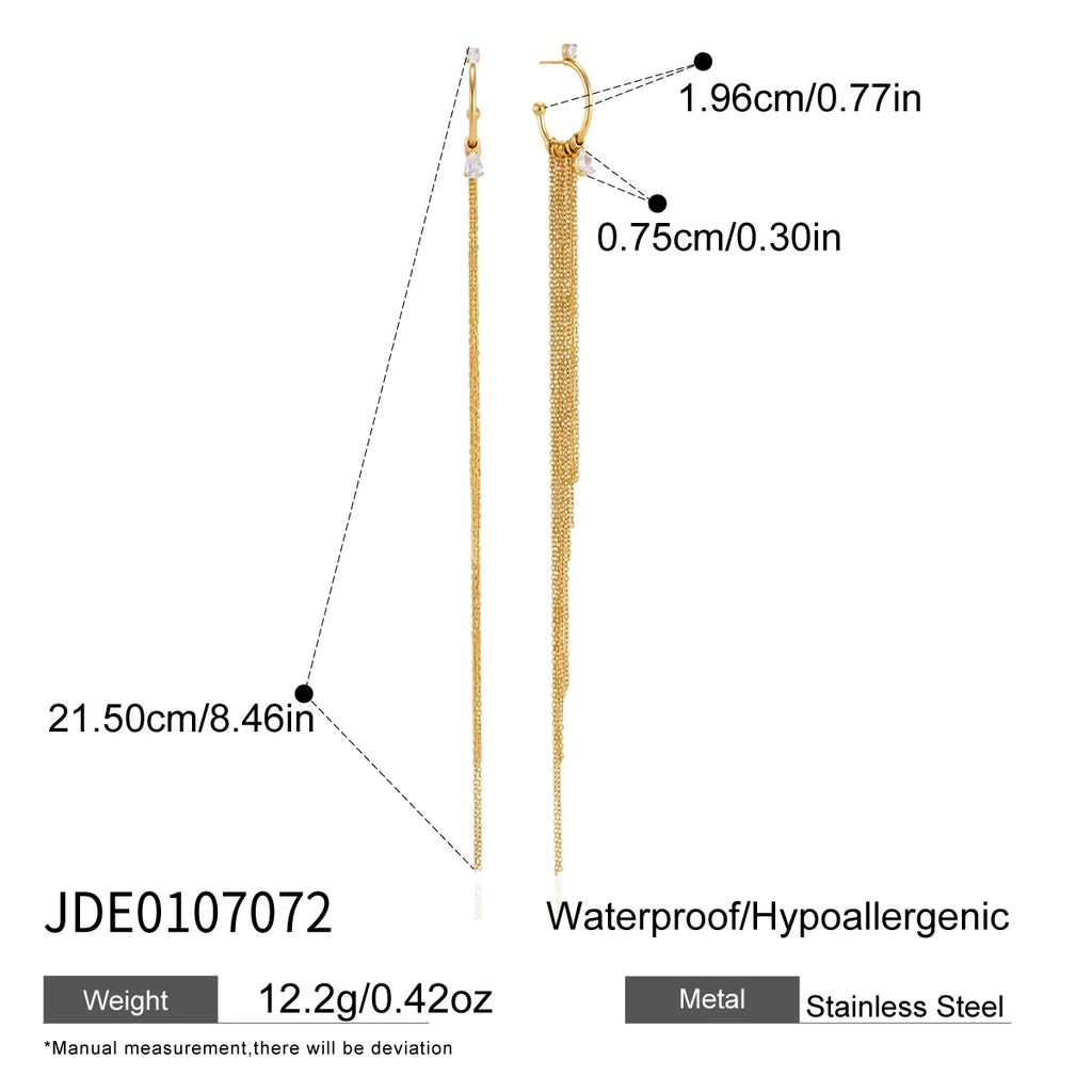 KIKA Classic Water Drop Zircon Long Chains Tassel Earrings For Women 18K Gold Plated Stainless Steel 316L
