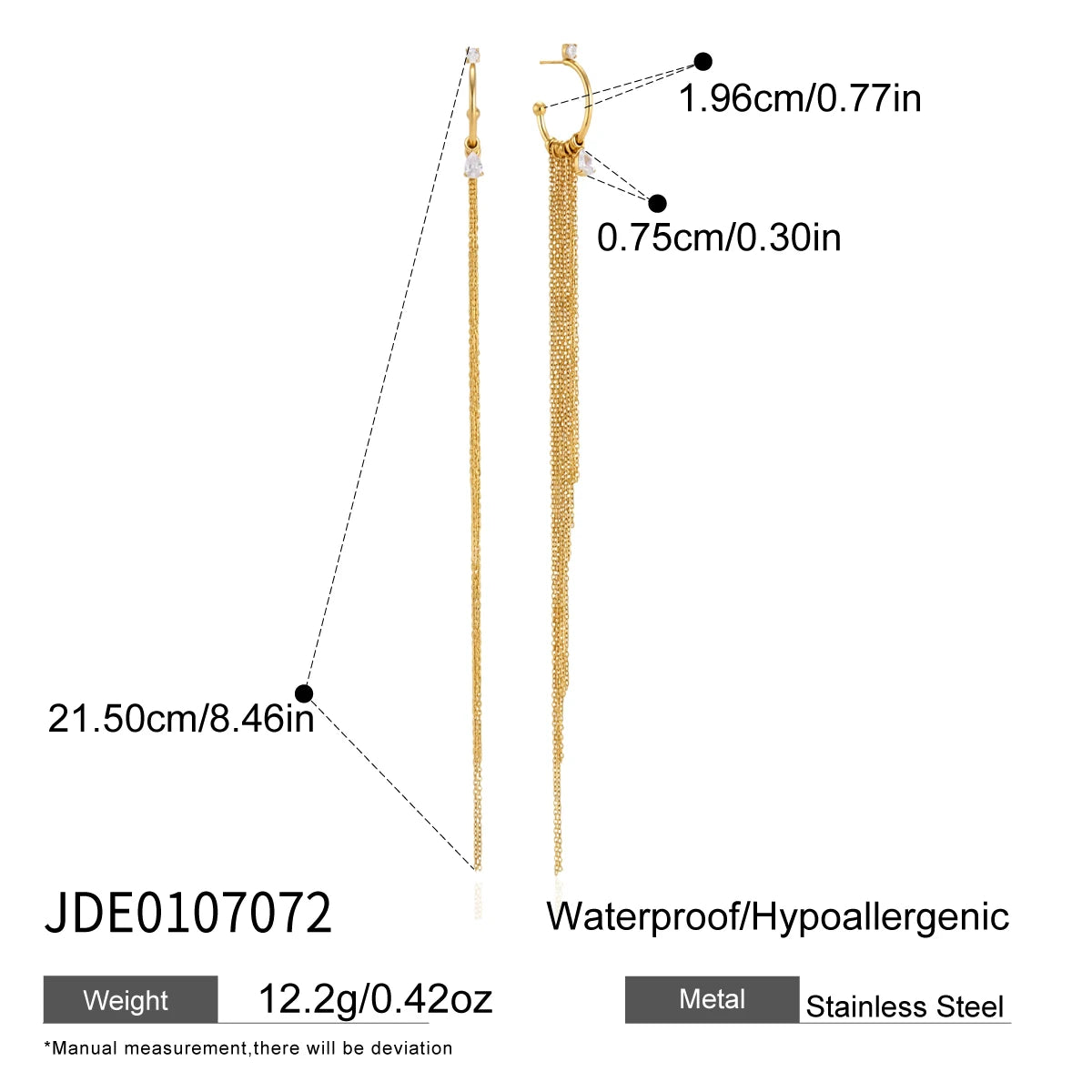 KIKA Classic Water Drop Zircon Long Chains Tassel Earrings For Women 18K Gold Plated Stainless Steel 316L