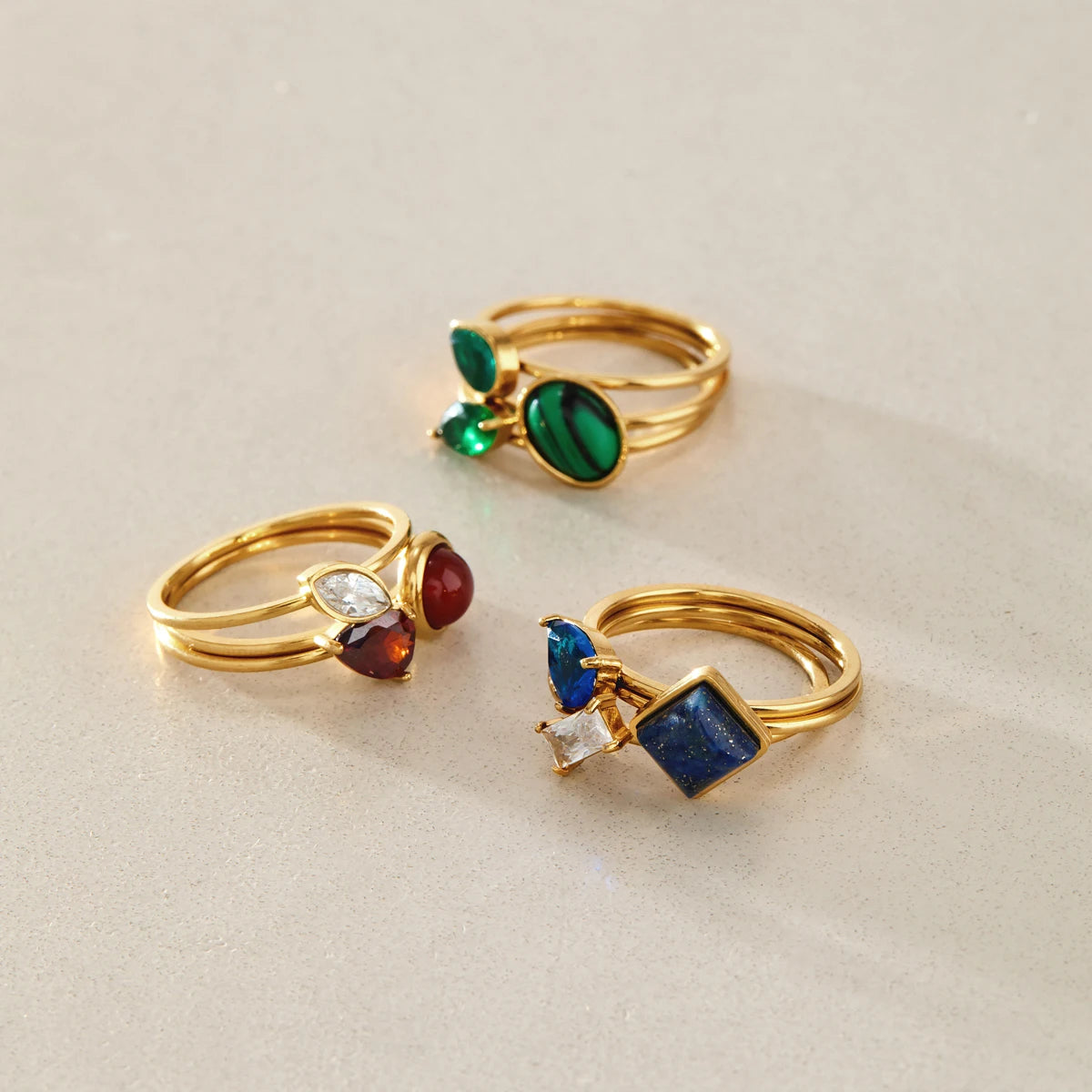 KIKA Elegant Zircon Natural Stone Rings For Women Multilayer 18K Gold PVD Plated Stainless Steel Open Rings Fashion Jewelry