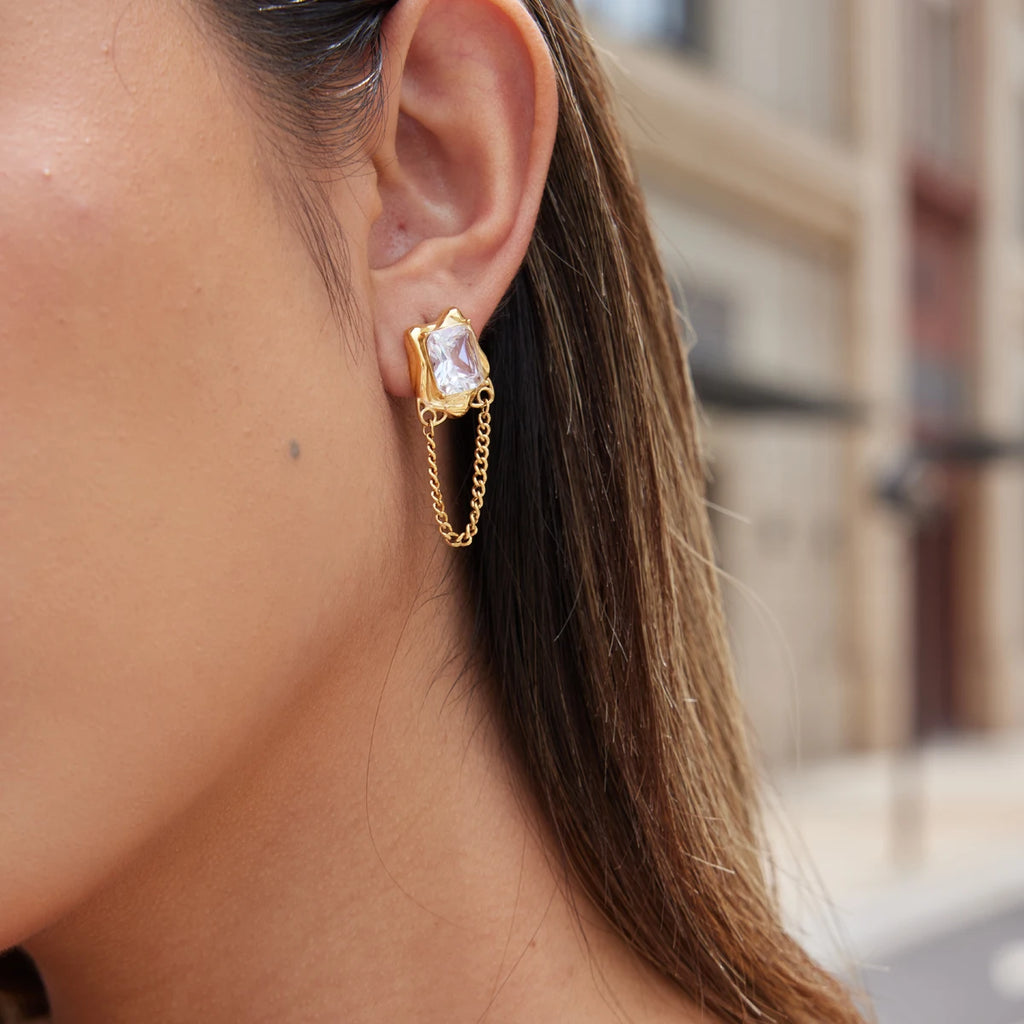Kika Delicate Zircon Stud Earrings 18K Gold PVD Plated Stainless Steel Chain Tassel
