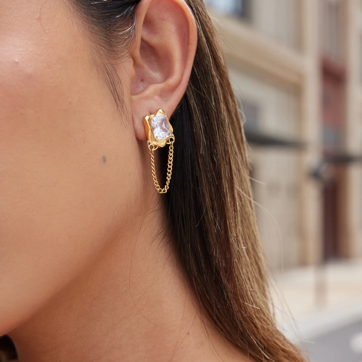 Kika Delicate Zircon Stud Earrings 18K Gold PVD Plated Stainless Steel Chain Tassel