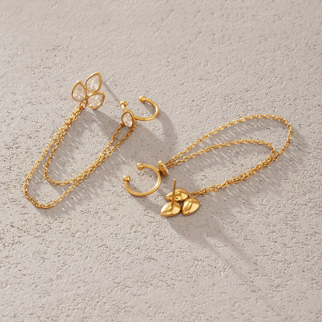 Kika Water Drop Zircon Chain Tassel Earrings 18K Gold PVD Plated Stainless Steel