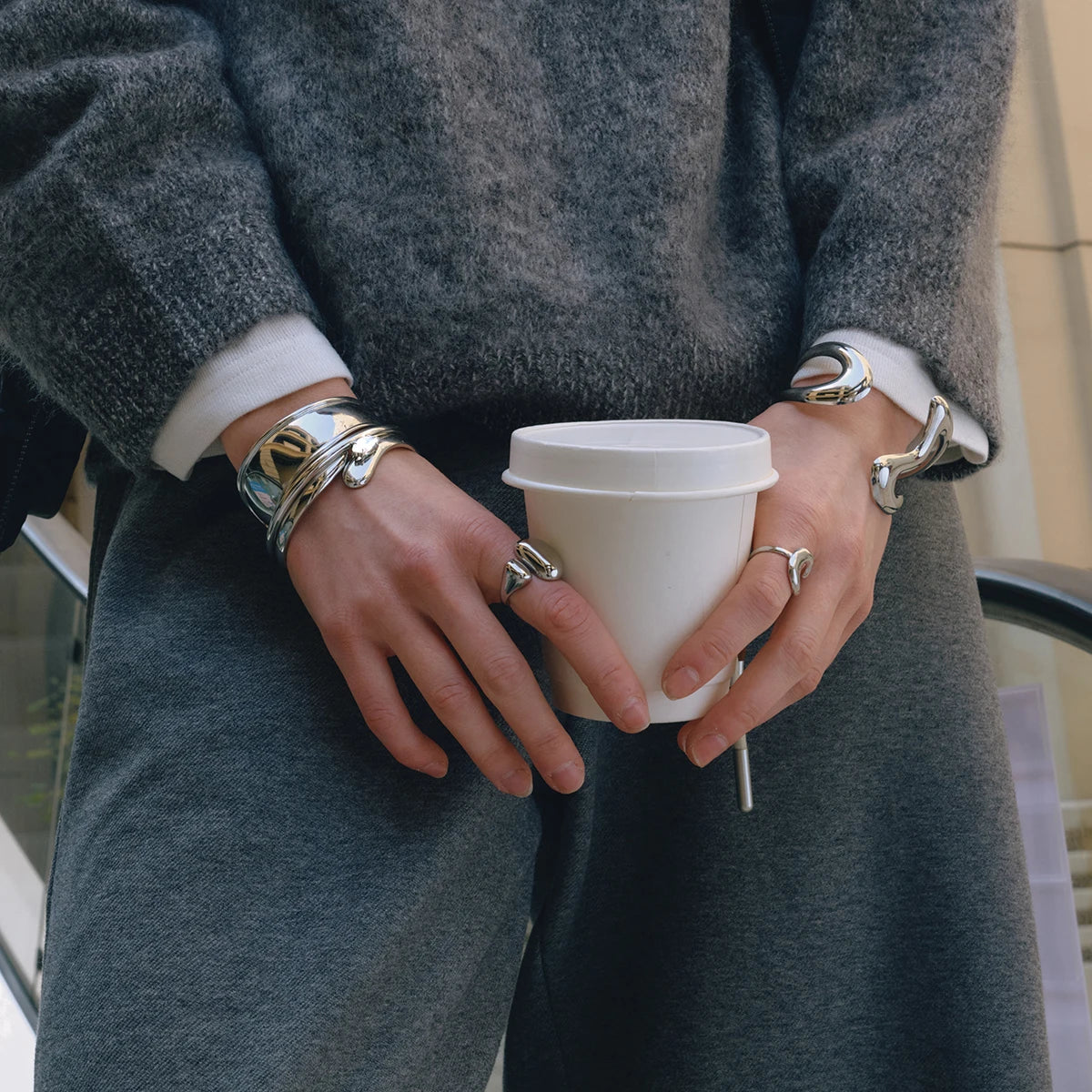 Minimalism Double Layered Hollowed-Out Asymmetric Opening Bracelet With Wavy Design ñ