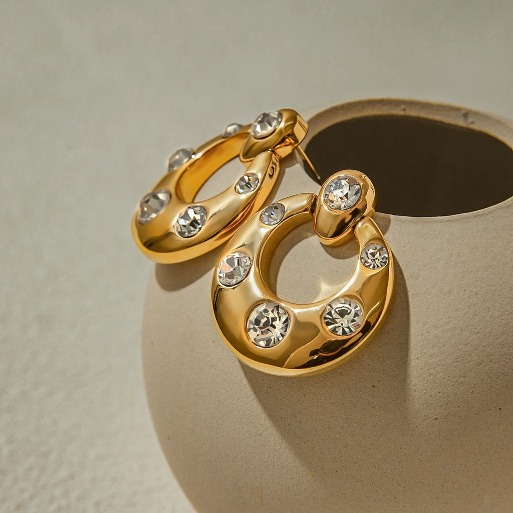 Kika Fashion Zircon Large Earrings 18K Gold Color Plated Stainless Steel Door Handle Earrings