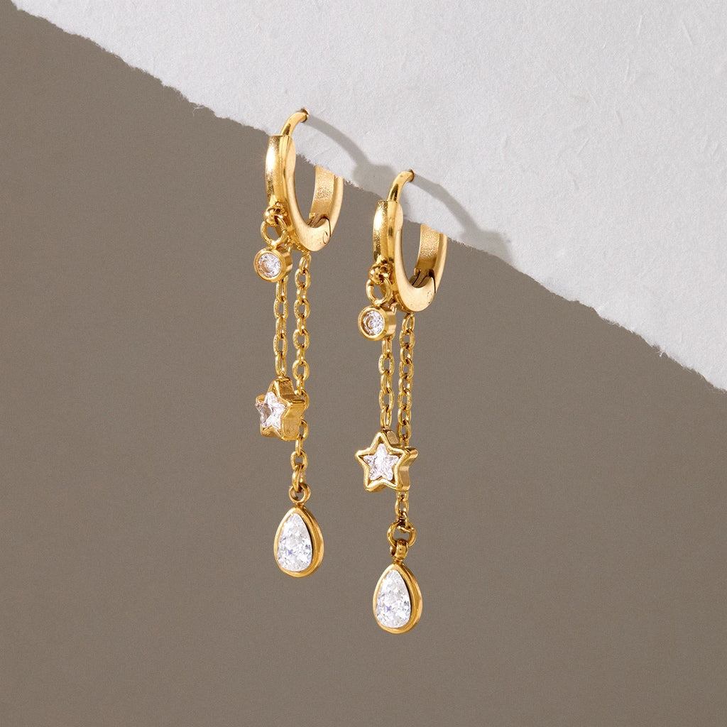 KIKA Round Star Water Drop Zircon Earrings  18K Gold Plated Stainless Steel 316L