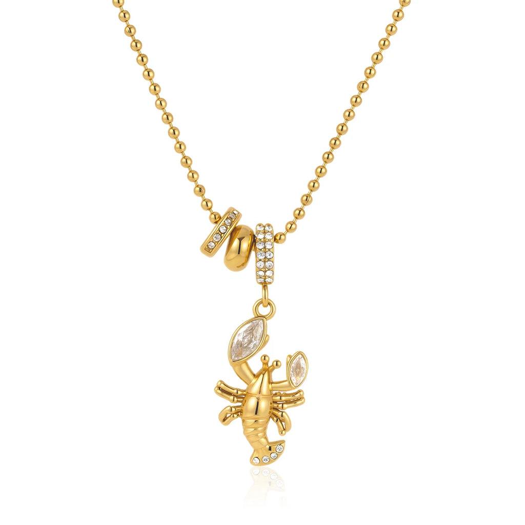 Kika Delicate Lobster Crab White Diamond Ring Bead Chain O-Chain Necklace