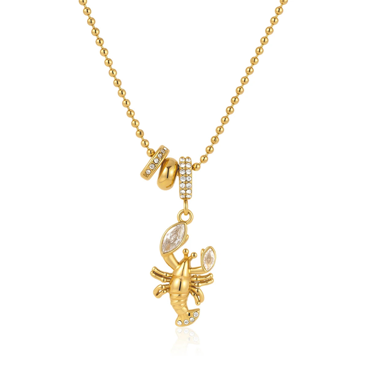 Kika Delicate Lobster Crab White Diamond Ring Bead Chain O-Chain Necklace