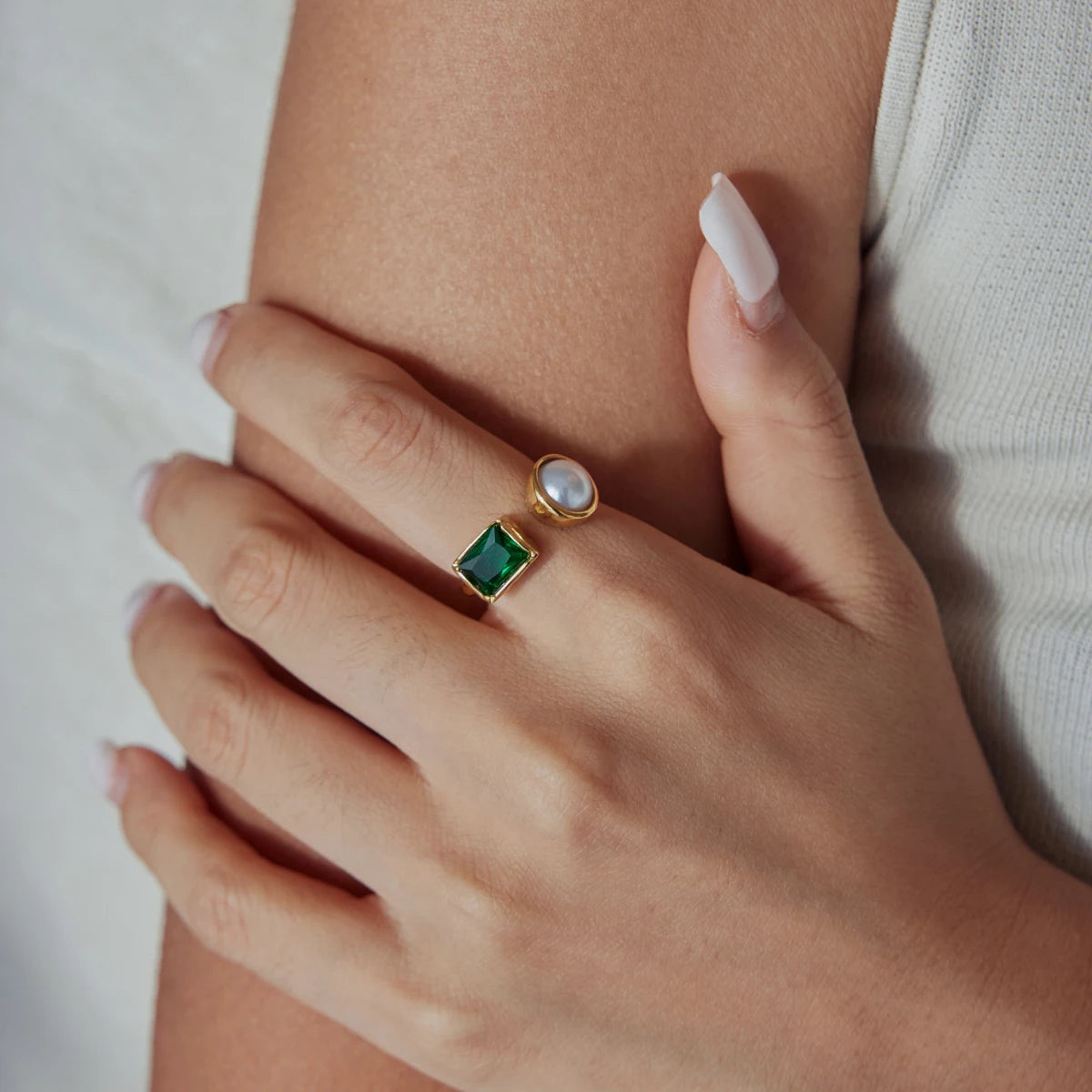 KIKA Elegant Zircon Imitation Pearl Open Rings For Women Minimalist 18K Gold PVD Plated Stainless Steel Rings Fashion Jewelry