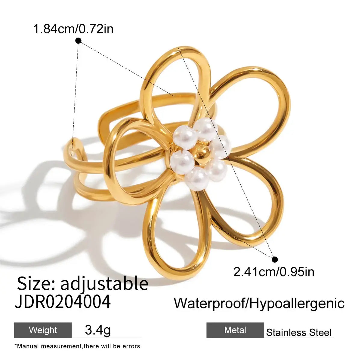 Kika Fashionable Sweet 18K Gold Color Plated Stainless Steel Pearl Five Petal Flower Ring