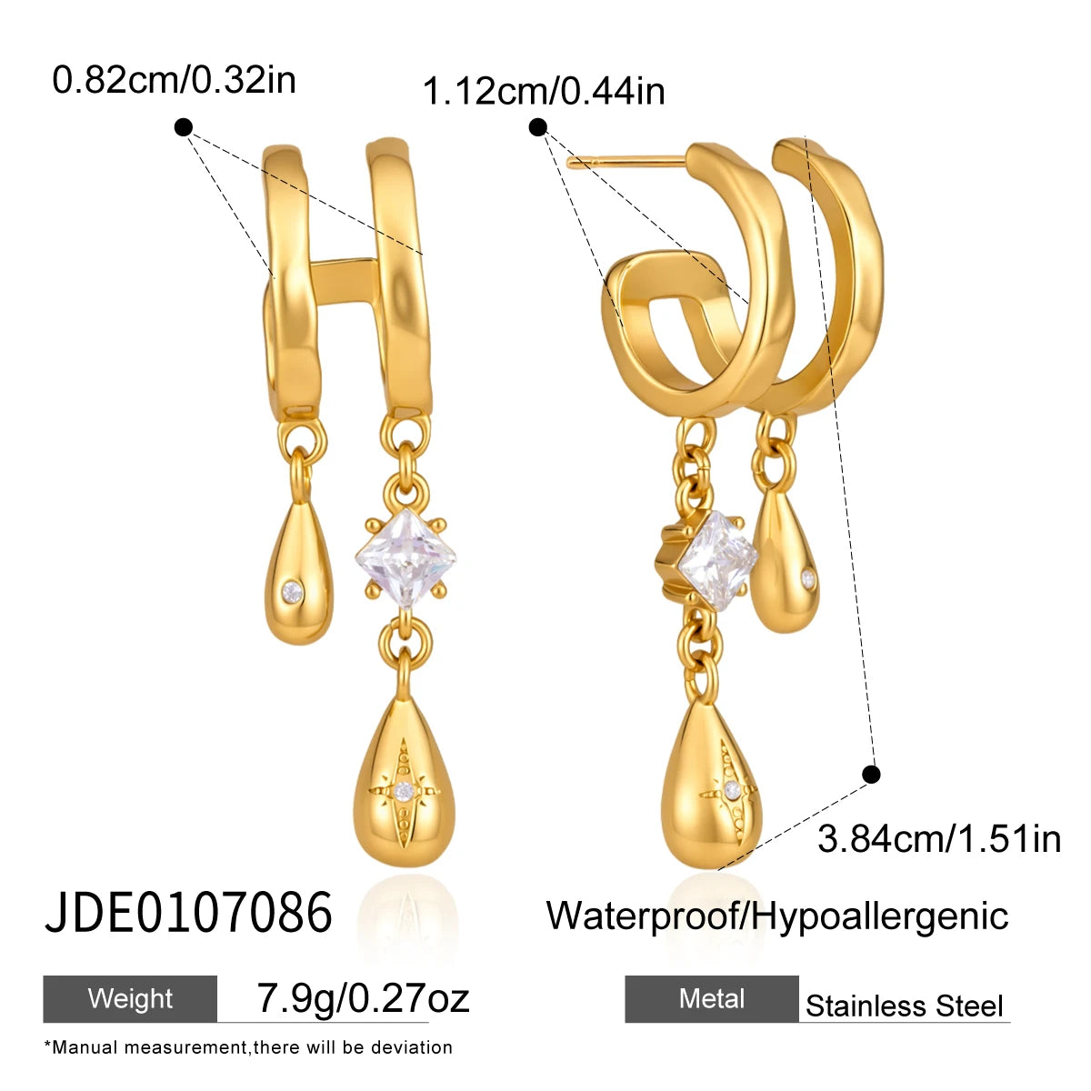 KIKA Square Zircon Water Drop Earrings For Women Minimalist 18K Gold PVD Plated Stainless Steel Earrings Fashion Jewelry Gift