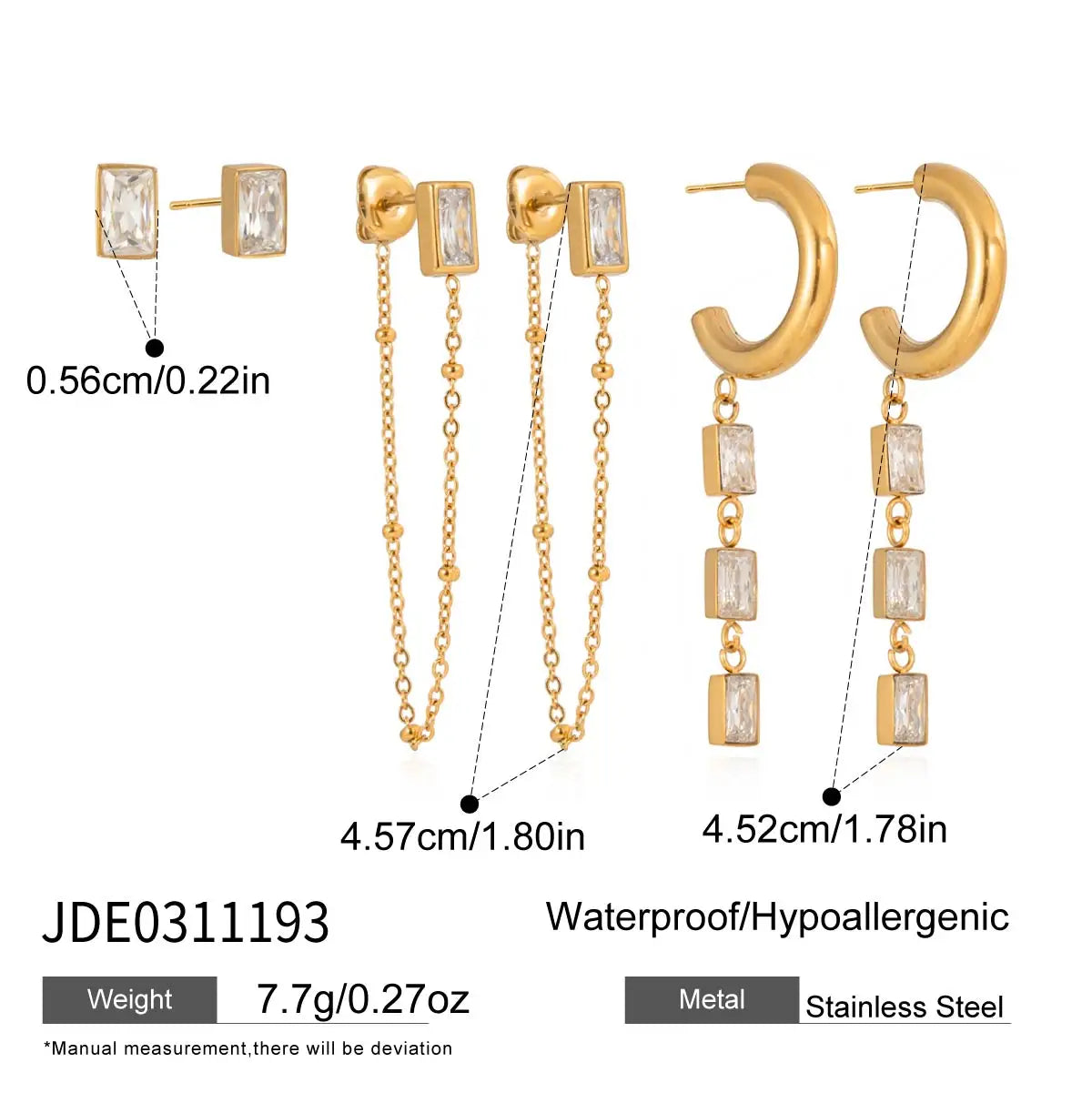 3 Pairs Geometric Water Droplet Rhinestone Earrings