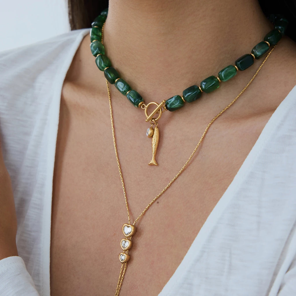 KIKA Green Resin Bead Chain Fish Pendant Necklace For Women 18K Gold PVD Plated Stainless Steel Necklace Fashion Jewelry Gift
