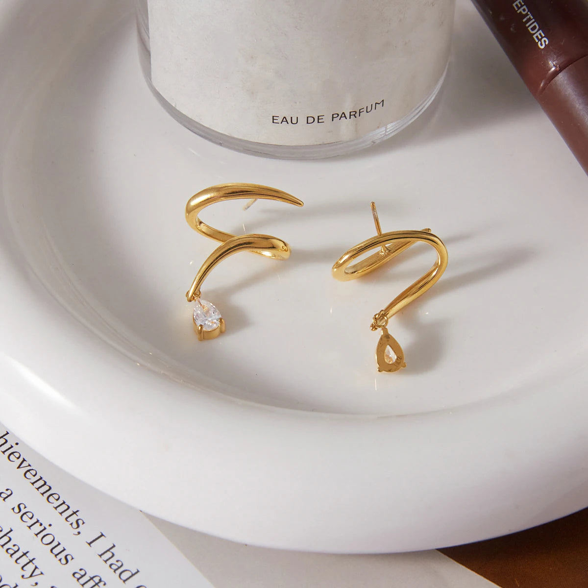 Kika Water Drop Zircon Earrings Minimalist Wave Shape 18K Gold PVD Plated Stainless Steel 316L