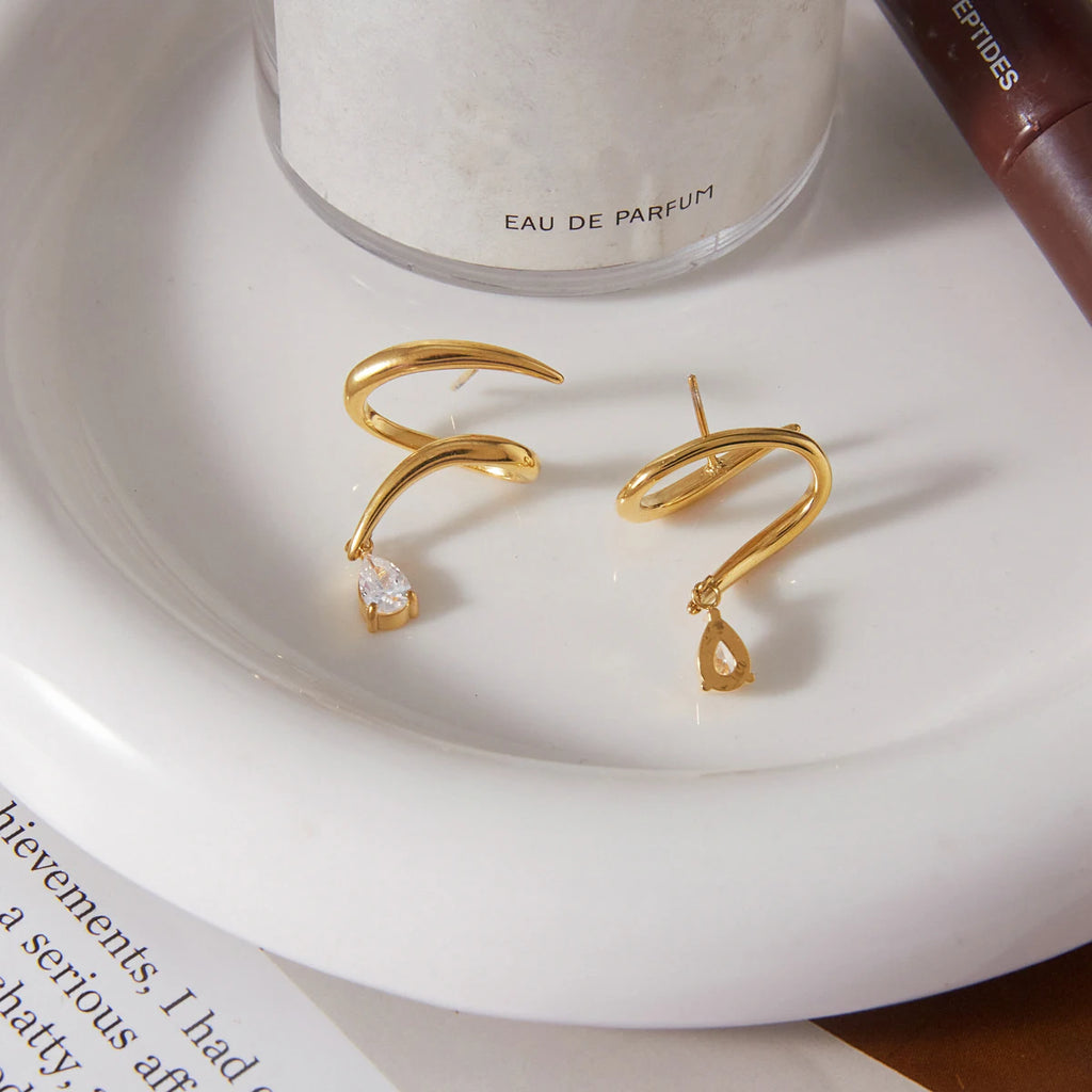Kika Water Drop Zircon Earrings Minimalist Wave Shape 18K Gold PVD Plated Stainless Steel 316L