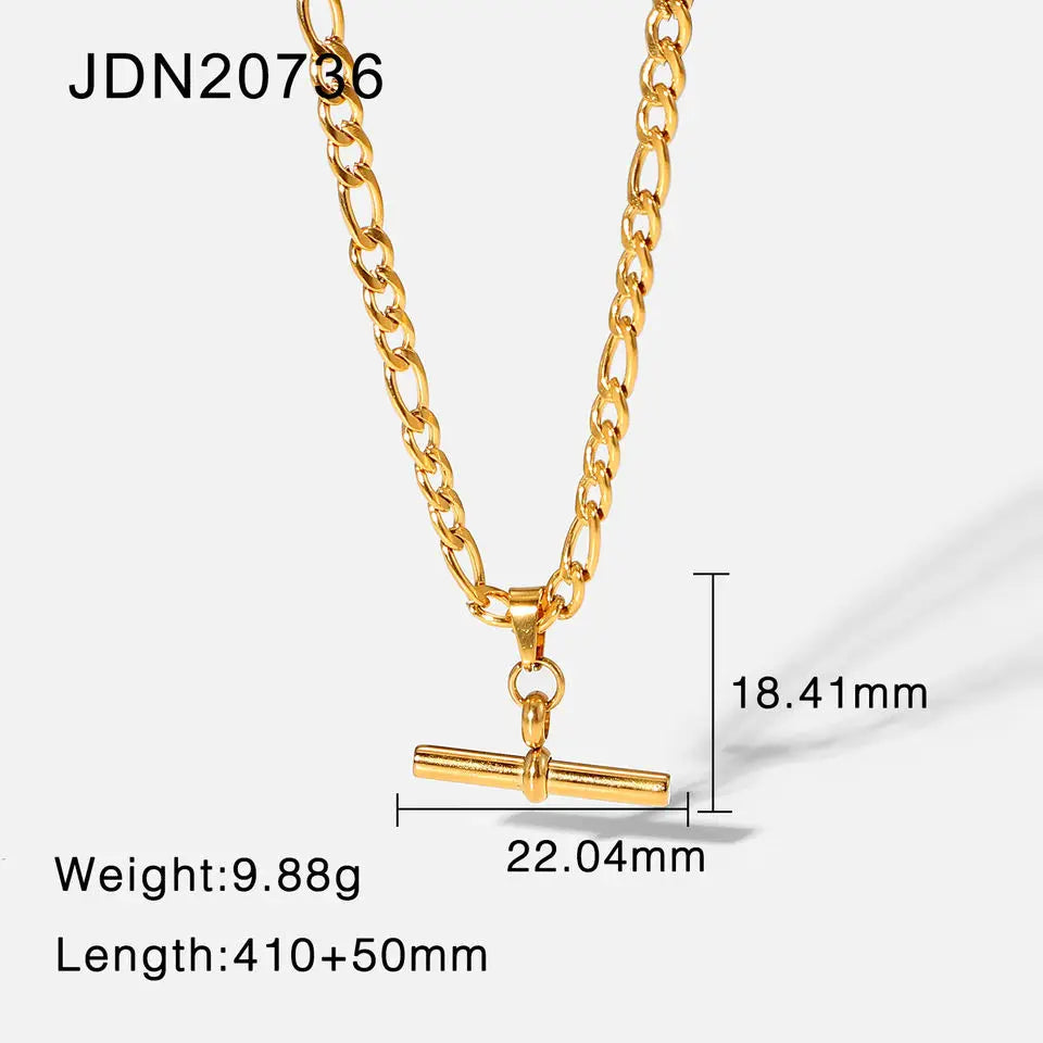 Kika New 18K Gold Color Plating Figaro Cuban Chain T-bar Pendant Necklace