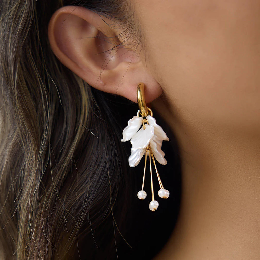 KIKA Delicate White Zircon Chain Acrylic Pearl Sheet Tassel Dangle OVD Plated Stainless Steel 316L