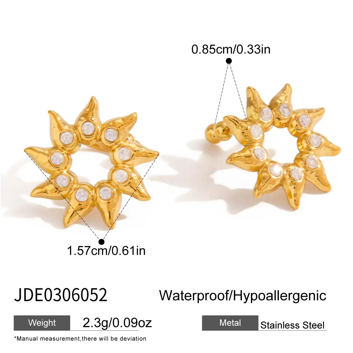 KIKA Classic Minimalist 18K Gold Color PVD Plated Inlay White Rhinestone Sun Shape Ear Clip Hypoallergenic Stainless Steel 316L