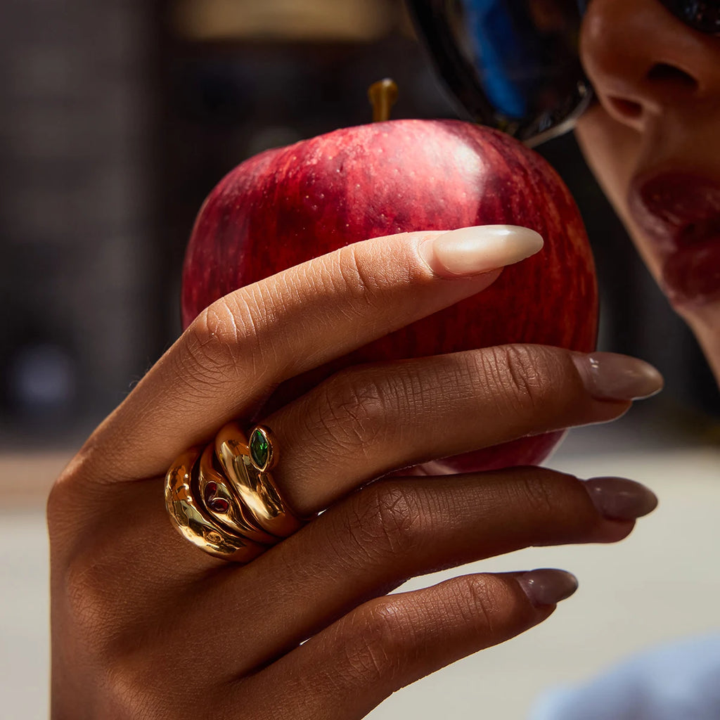 KIKA Fashion Independent Designer's 18K Gold Color Plated Stainless Steel Apple Hammer Pattern Stackable Ring Women's Jewelry