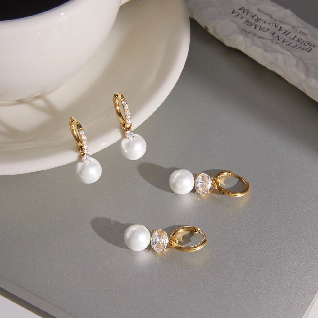 KIKA Elegant Zircon Imitation Pearl Drop EarringsPVD Plated Stainless Steel 316L