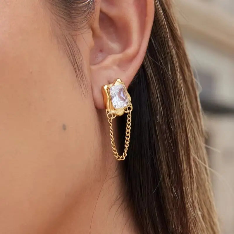 Kika Delicate Zircon Stud Earrings 18K Gold PVD Plated Stainless Steel Chain Tassel