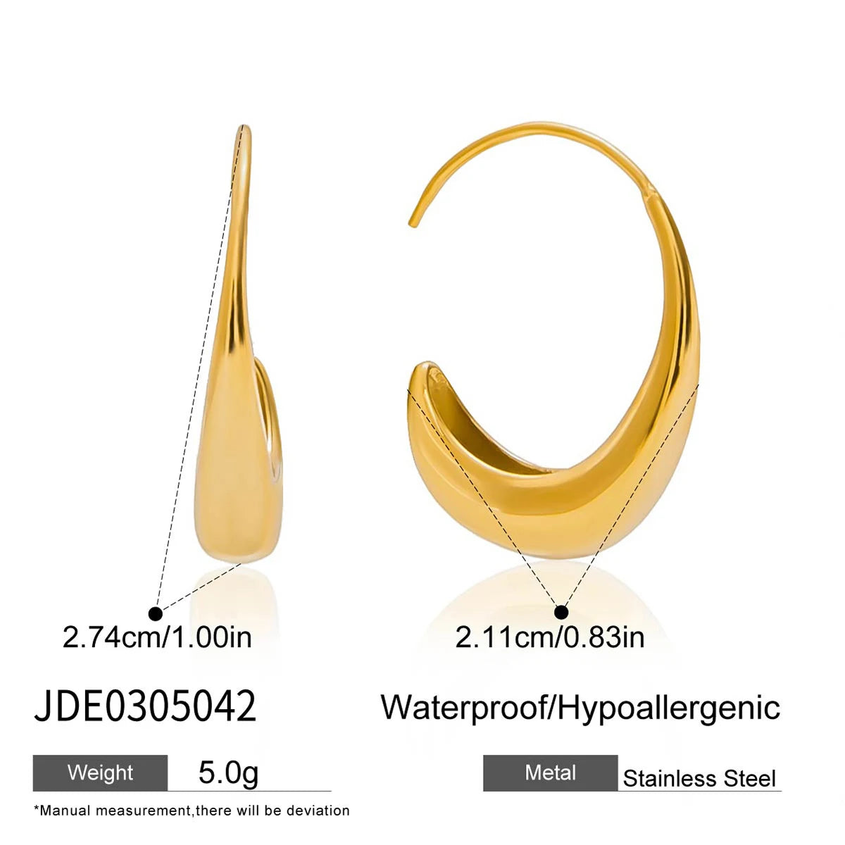KIKA Minimalist Classic 18K Gold Color PVD  Plated Stainless Steel 316L C-Shaped Earrings Hypoallergenic Waterproof