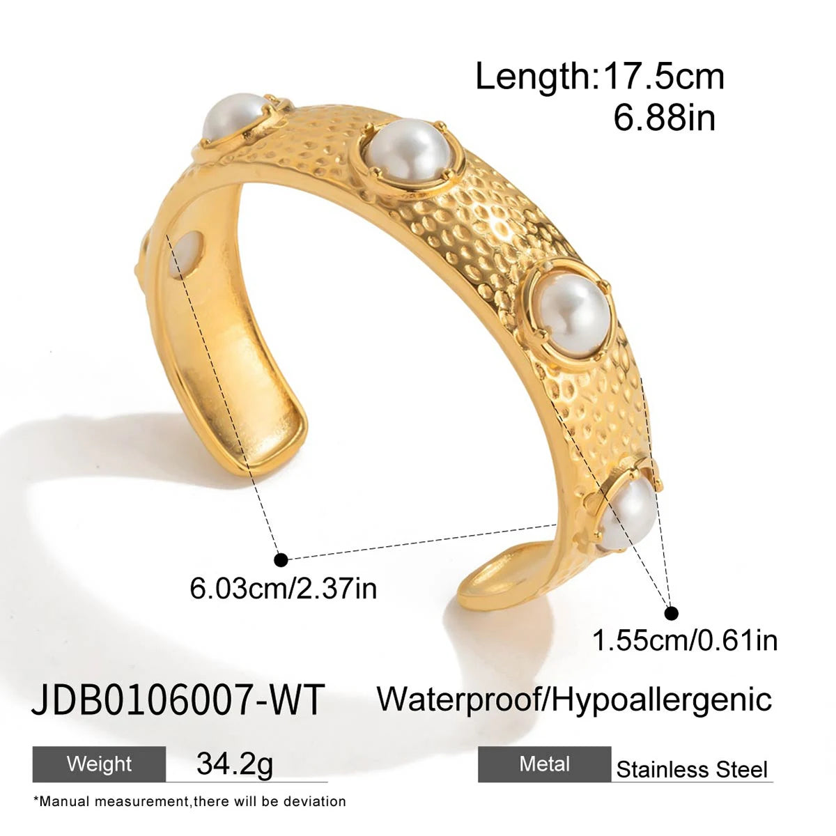 KIKA Vintage 18K Gold Color PVD Plated Stainless Steel 316L Round Turquoise Hammer Patterned Bracelet