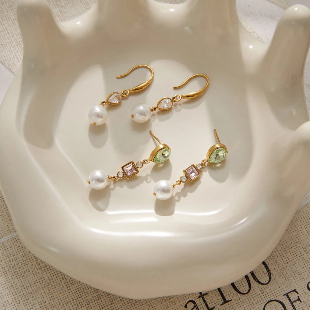 Kika Elegant Imitation Pearl Crystal Drop Earrings For Women 18K Gold PVD Plated Stainless Steel 316L
