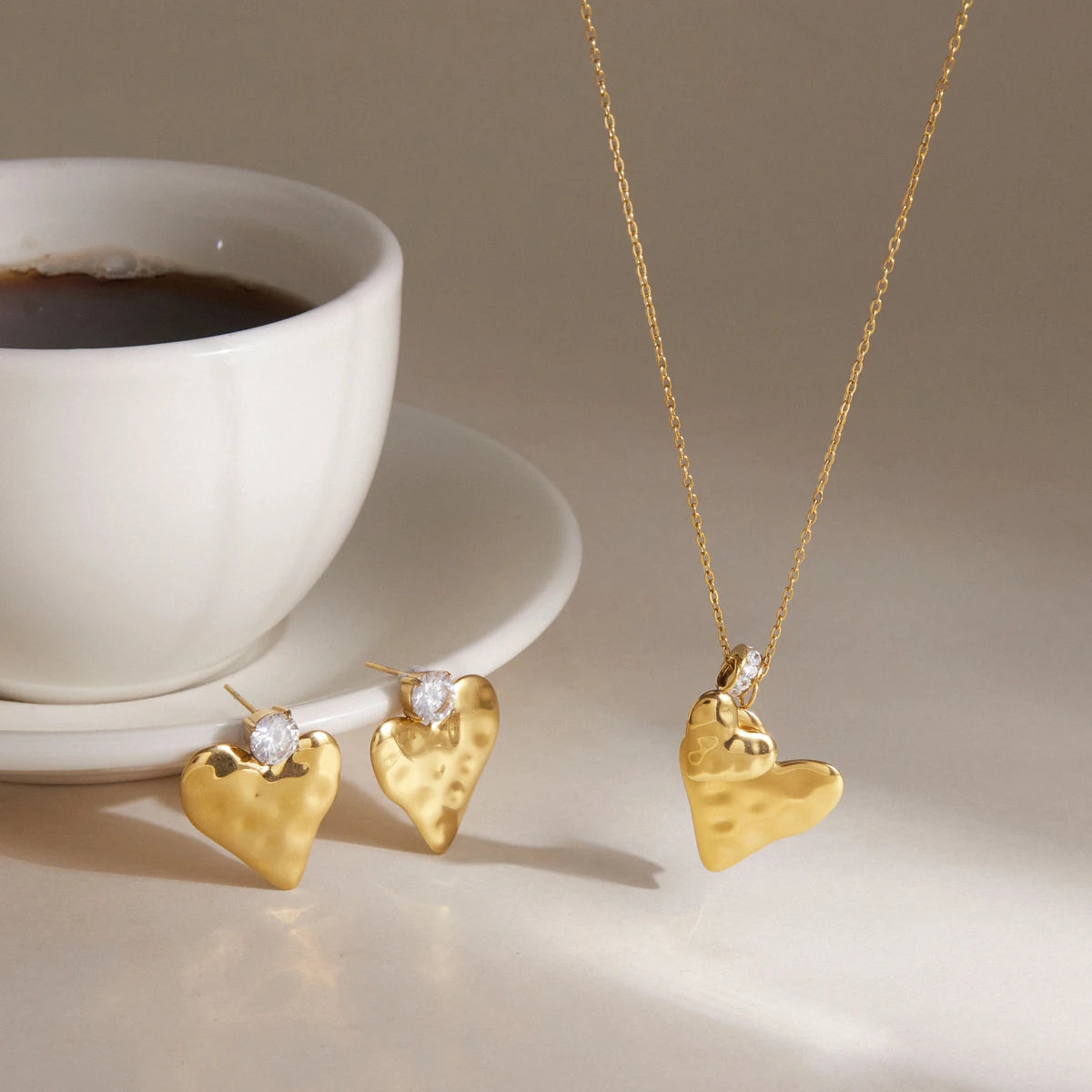 Kika Romantic Heart Necklace Earrings Jewelry Set For Women Minimalist 18K Gold PVD Plated Stainless Steel 316L