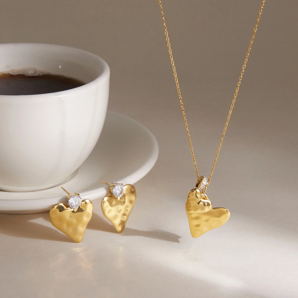 Kika Romantic Heart Necklace Earrings Jewelry Set For Women Minimalist 18K Gold PVD Plated Stainless Steel 316L
