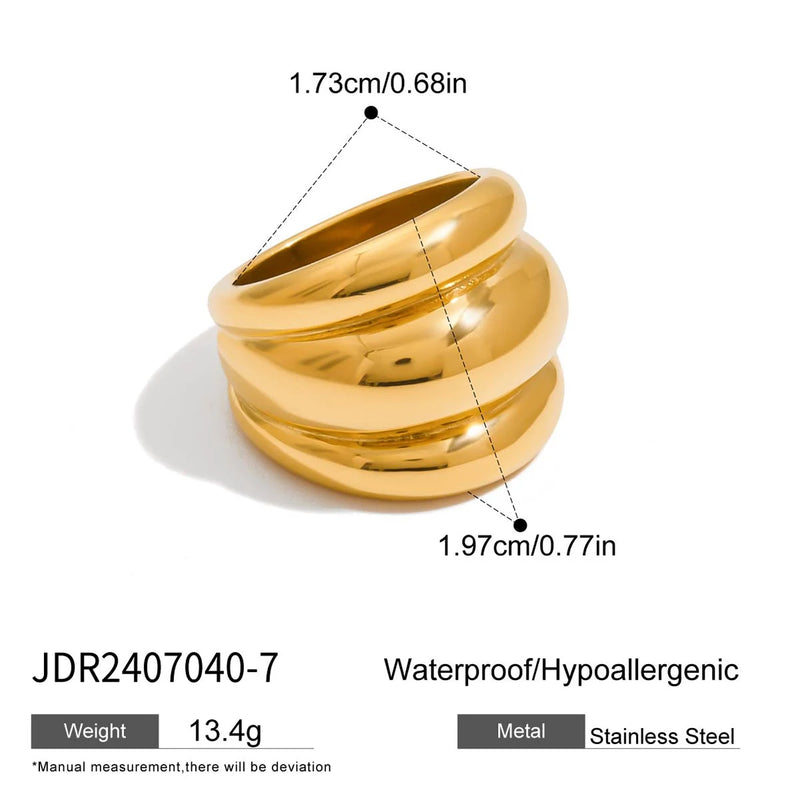 KIKA Statement 18K Gold Color Plated Stainless Steel Waterproof Two tone Chubby Three layer Raised Ribbed Ring Women's Jewelry