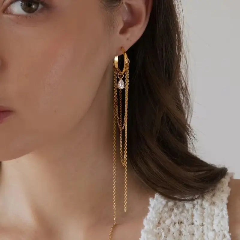 KIKA Water Drop Zircon Long Chains Tassel Earrings For Women 18K Gold PVD Plated Stainless Steel 316L