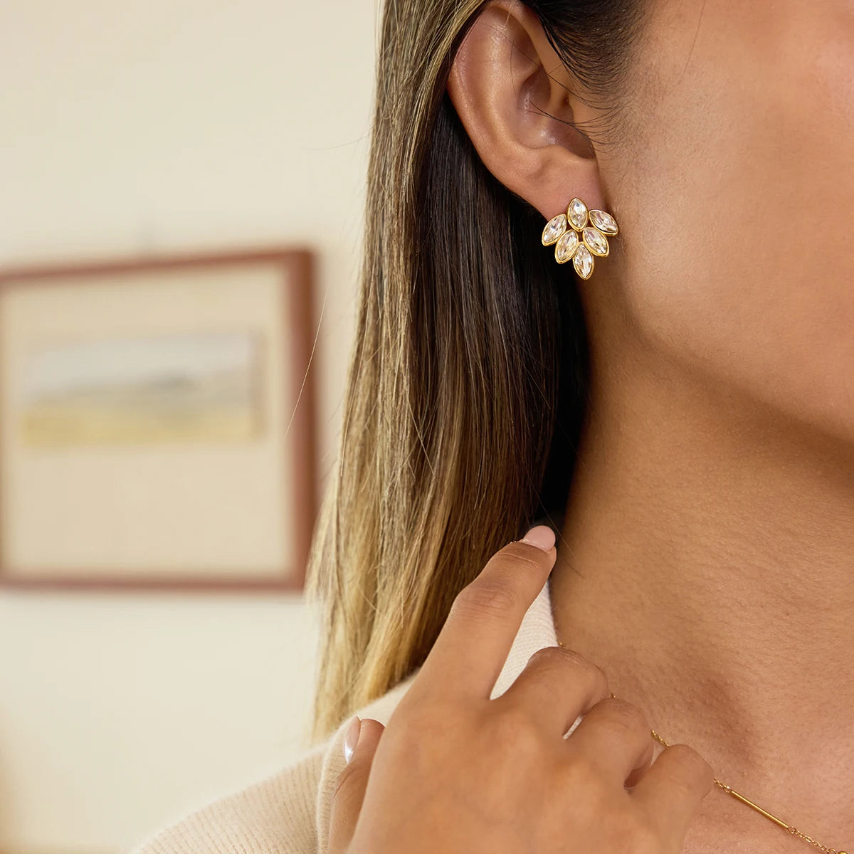 Kika White Rhinestone Leaf Earrings